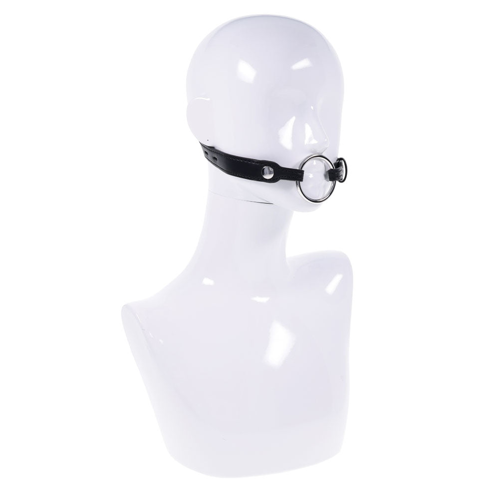 EDGE Interchangeable Ring Gag -  Mouth Gag Restraint with 2 Interchangeable Pieces displayed on a mannequin.