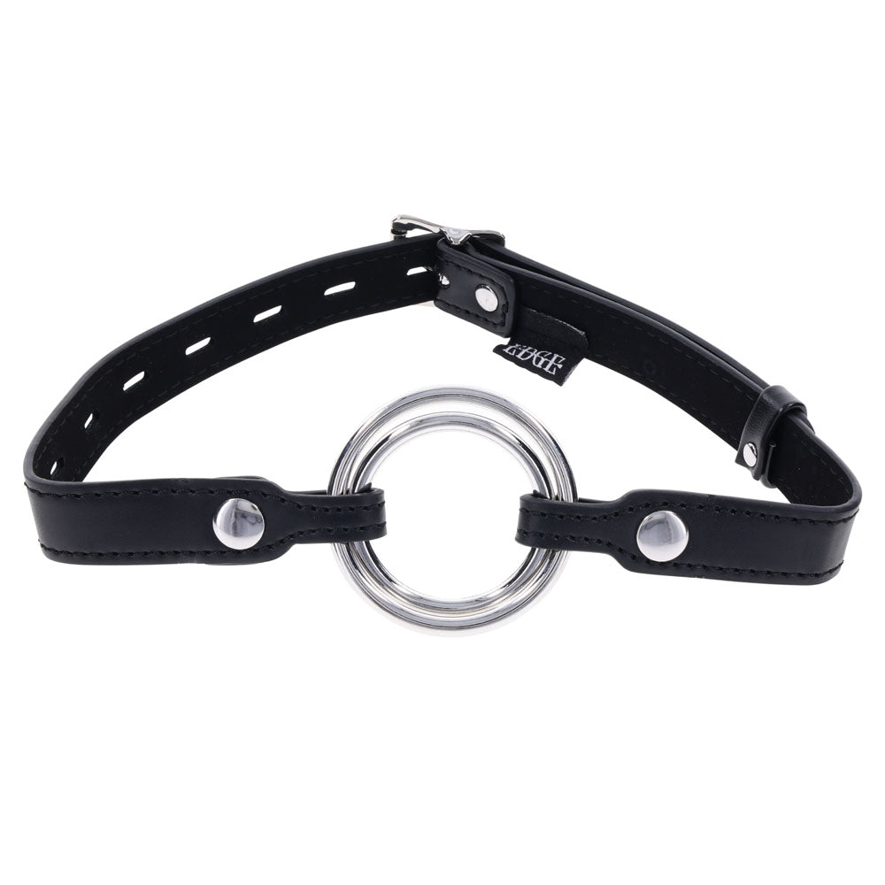 EDGE Interchangeable Ring Gag -  Mouth Gag Restraint with 2 Interchangeable Pieces in black leather with stainless steel ring.