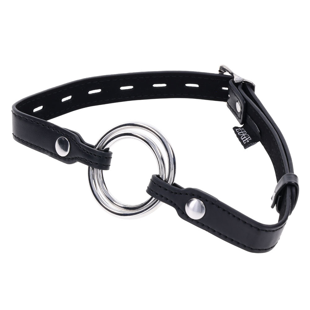 EDGE Interchangeable Ring Gag -  Mouth Gag Restraint with 2 Interchangeable Pieces, black leather strap with stainless steel ring.