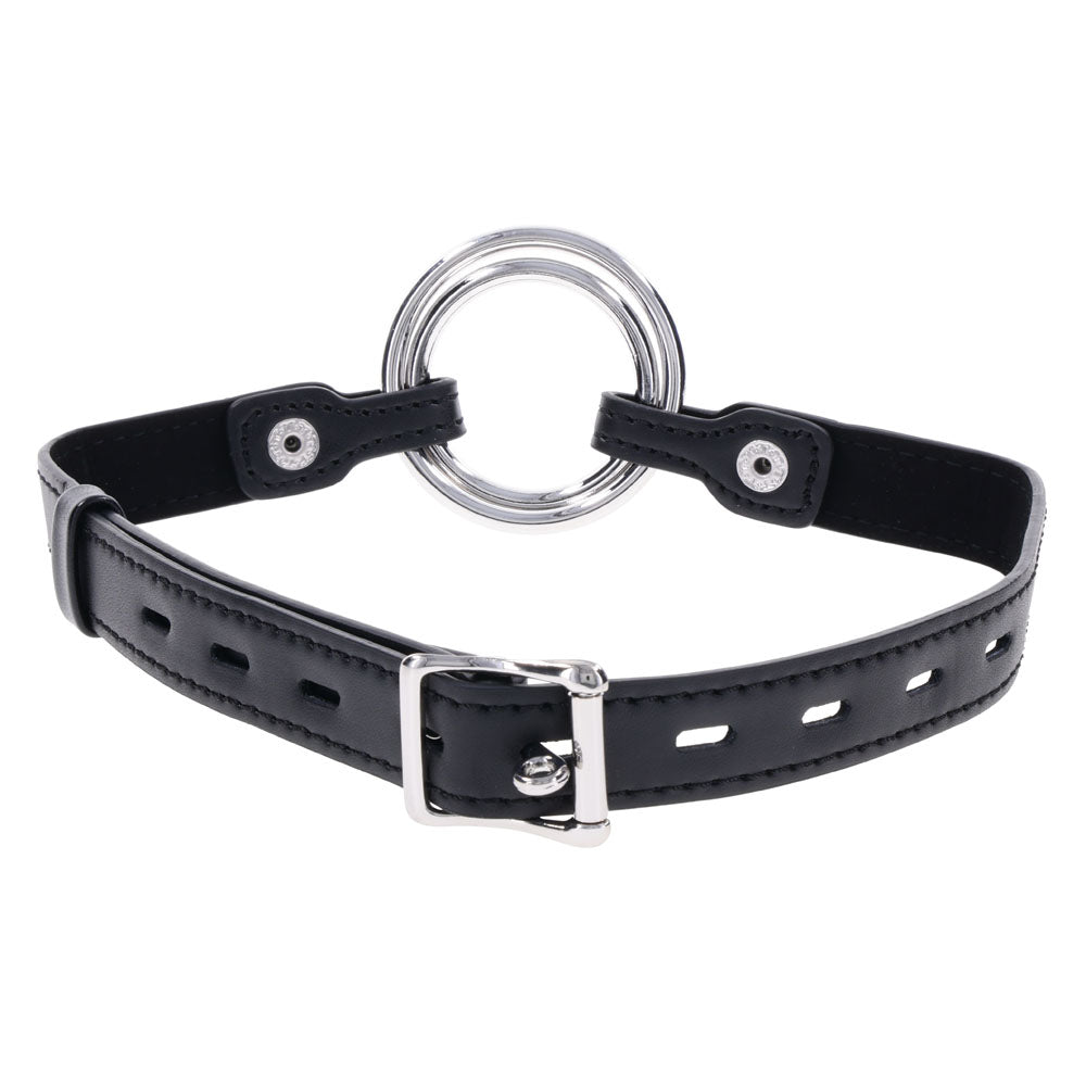 EDGE Interchangeable Ring Gag -  Mouth Gag Restraint with 2 Interchangeable Pieces, black leather design.
