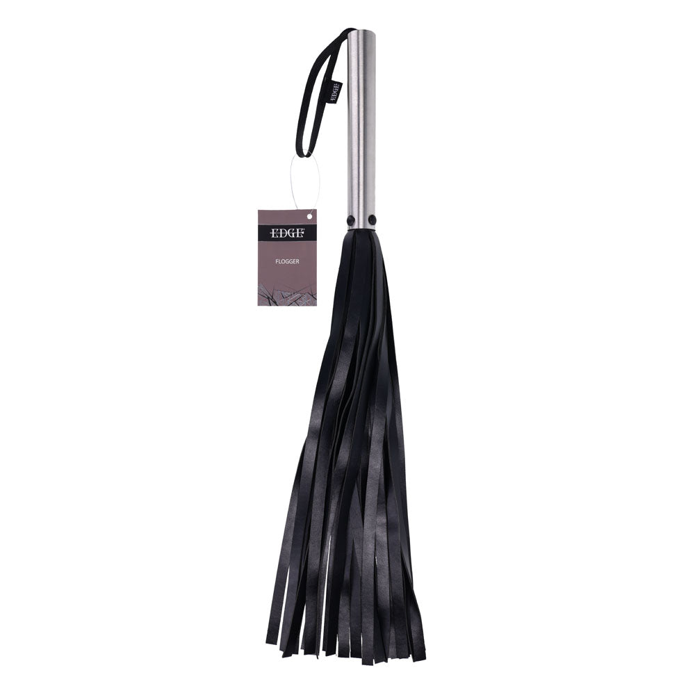 EDGE Flogger - Flogger Whip with Metal Handle, featuring black faux leather falls and a stainless steel handle.