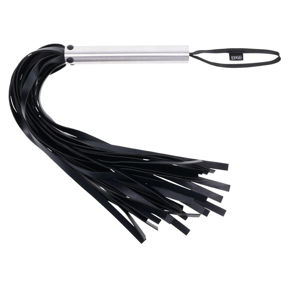 EDGE Flogger -  Flogger Whip with Metal Handle featuring black faux leather falls and stainless steel handle.