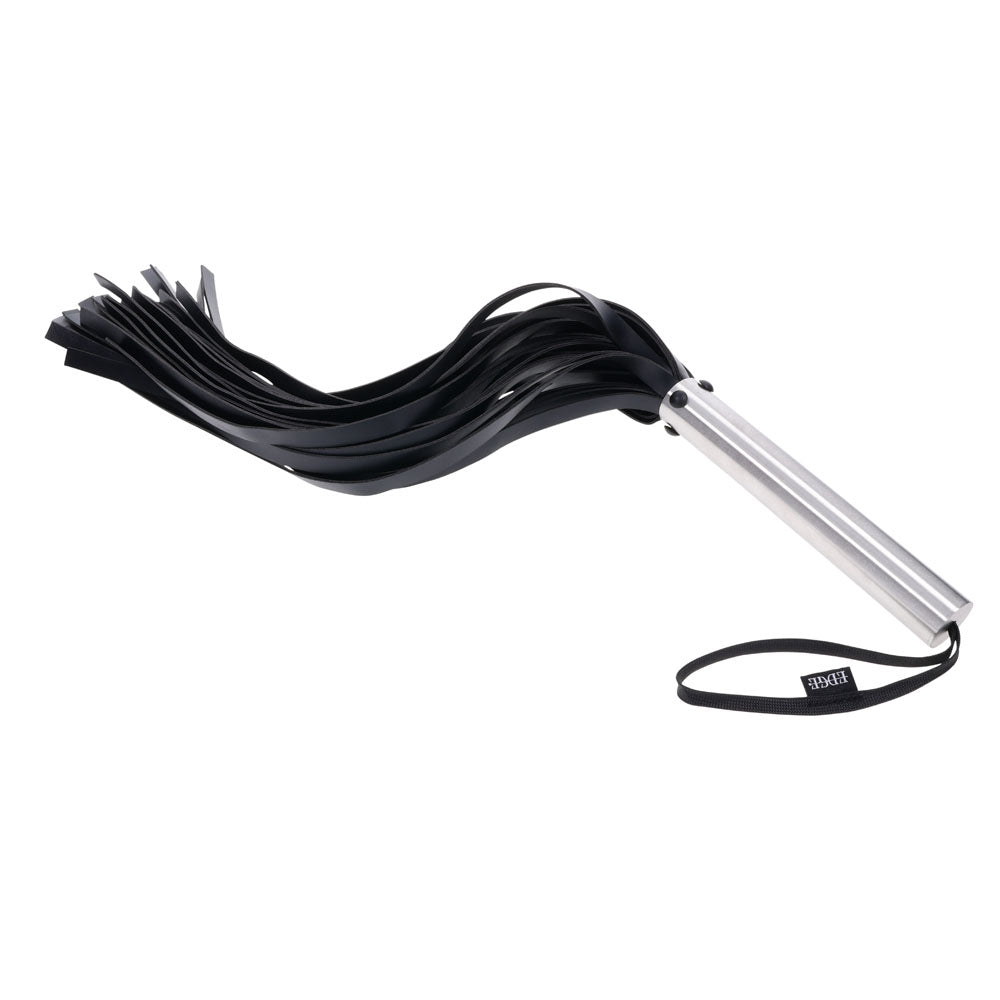 EDGE Flogger - Flogger Whip with Metal Handle showcasing supple black faux leather falls and stainless steel grip.