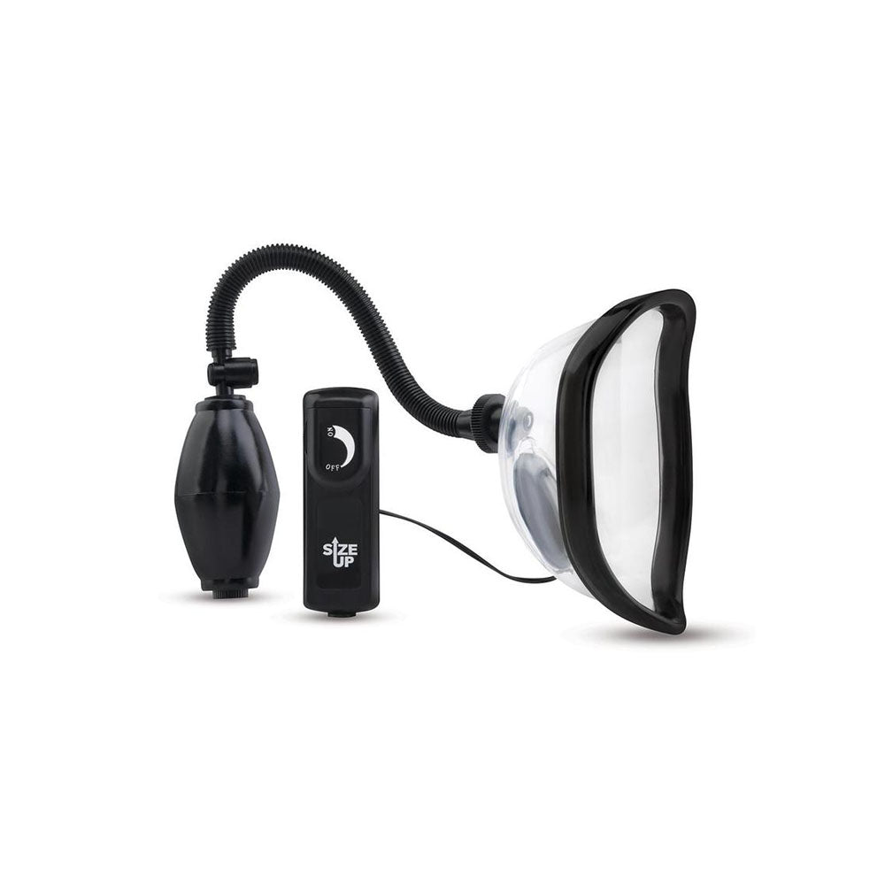 Size Up Vibrating Pussy Pump -  Vibrating Vagina Pump with adjustable wired dial controller and clear chamber design.