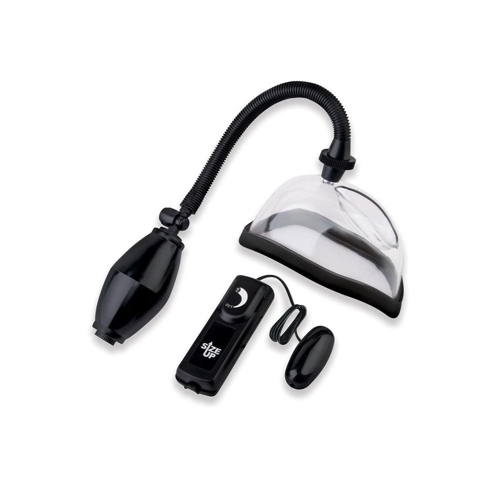 Size Up Vibrating Pussy Pump -  Vibrating Vagina Pump with a clear chamber and dial controller for customizable stimulation.