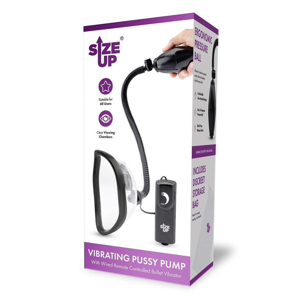 Size Up Vibrating Pussy Pump - Vibrating Vagina Pump with wired remote and clear viewing chamber.