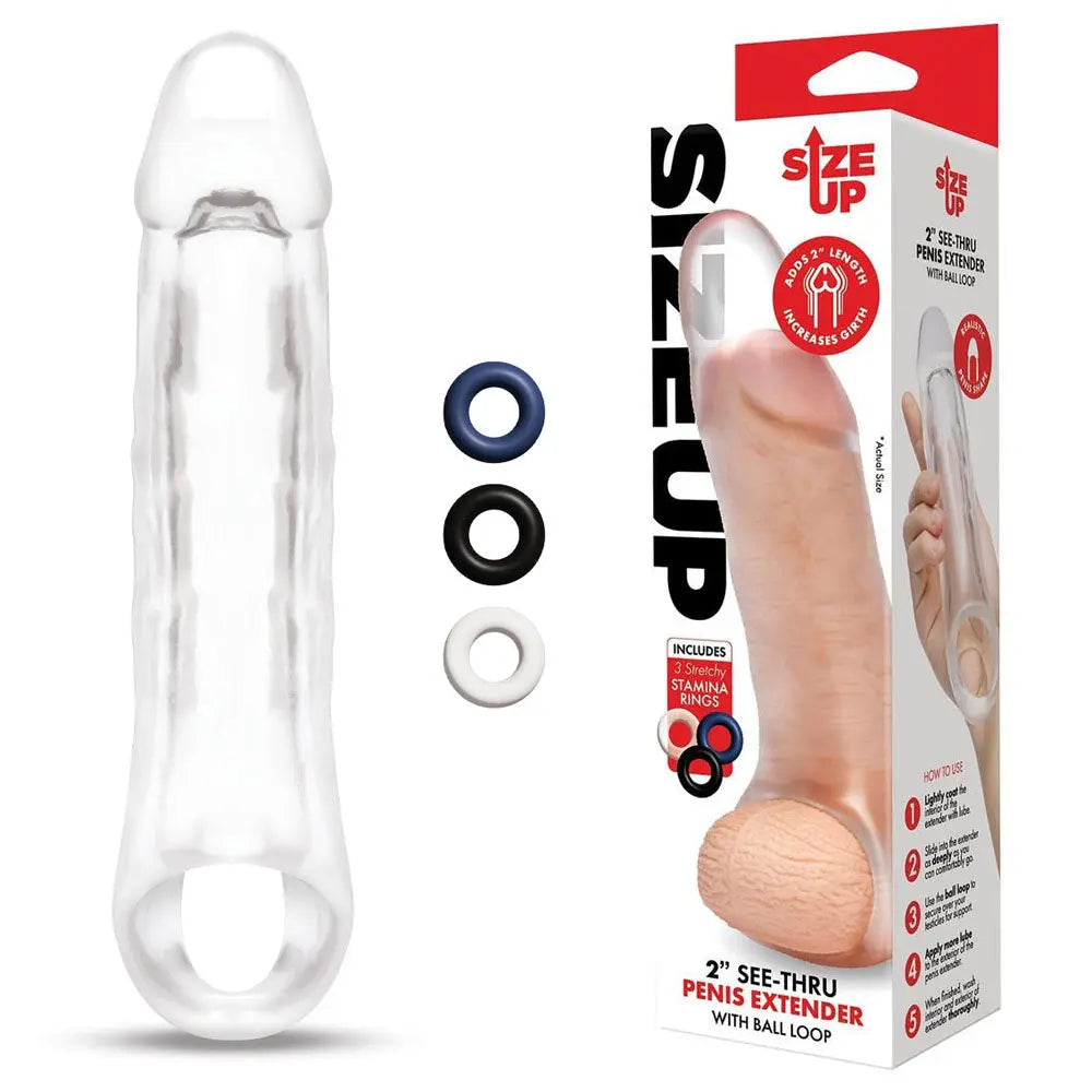 Size Up 2 Inch See-Thru Penis Extender with Ball Loop -  5 cm (2'') Penis Extension Sleeve Xgen Products Discreet Intimate Essentials.
