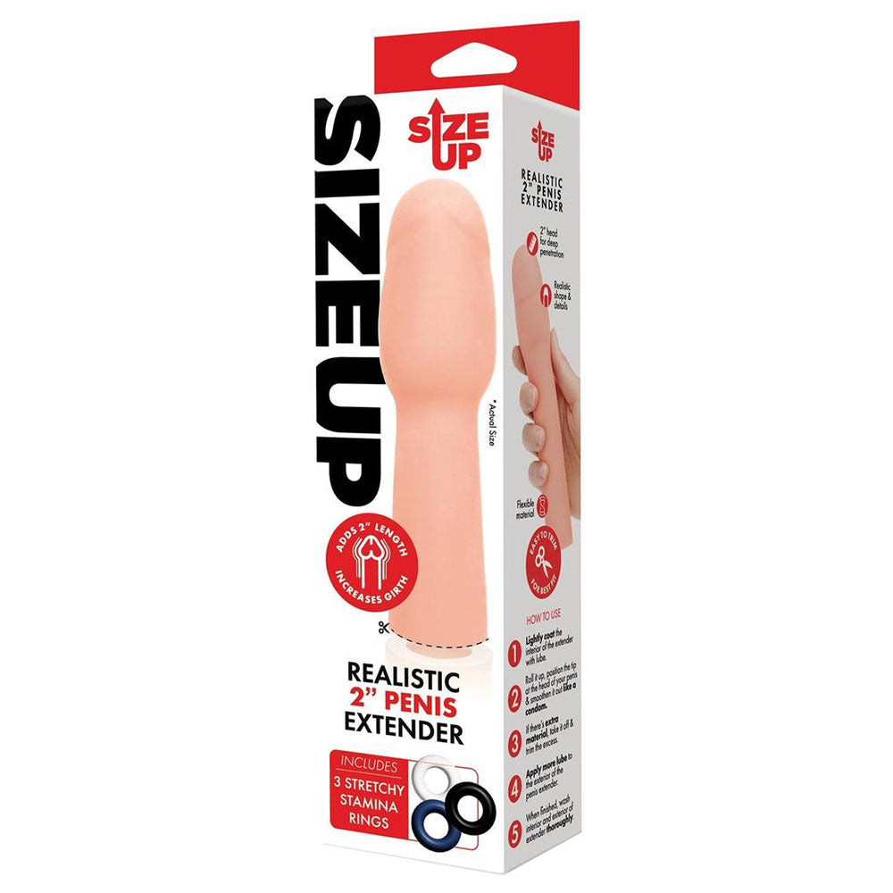 Size Up Realistic 2 Inch Penis Extender -  5 cm (2'') Penis Extension Sleeve packaging with included rings