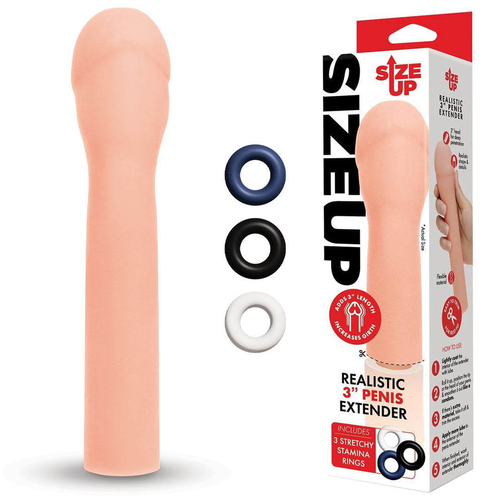 Size Up Realistic 3'' Penis Extender -  7.6 cm (3'') Penis Extension Sleeve with stamina rings and packaging.