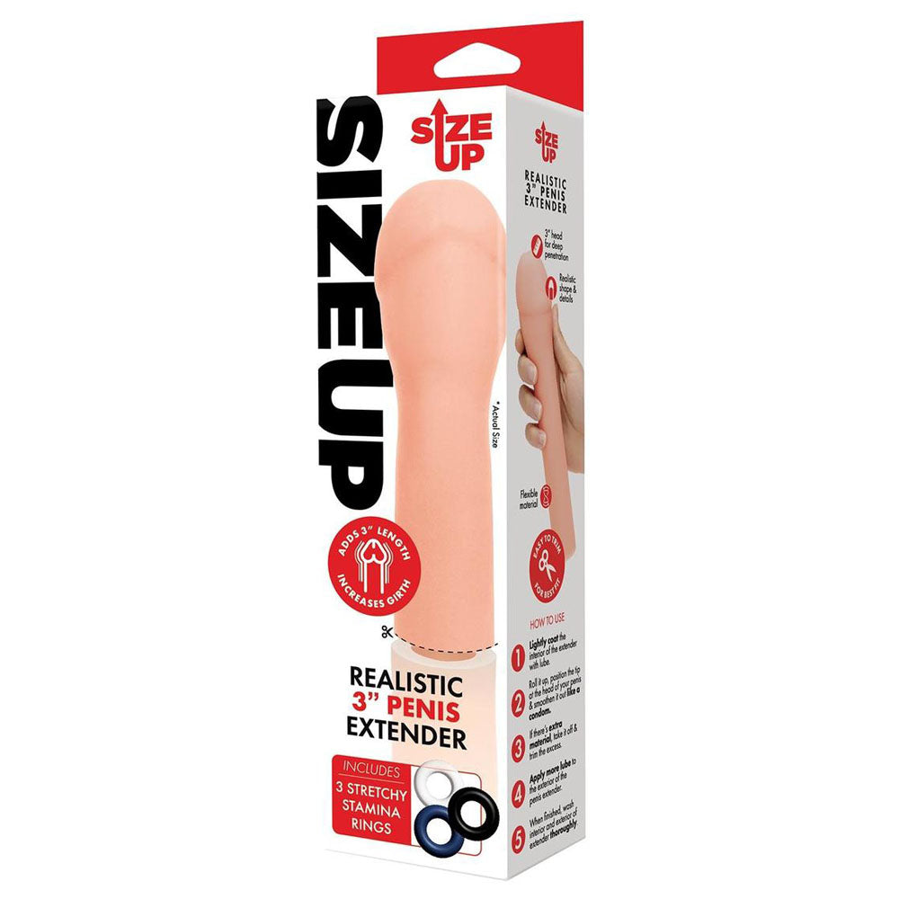 Size Up Realistic 3'' Penis Extender -  7.6 cm (3'') Penis Extension Sleeve packaging with stamina rings