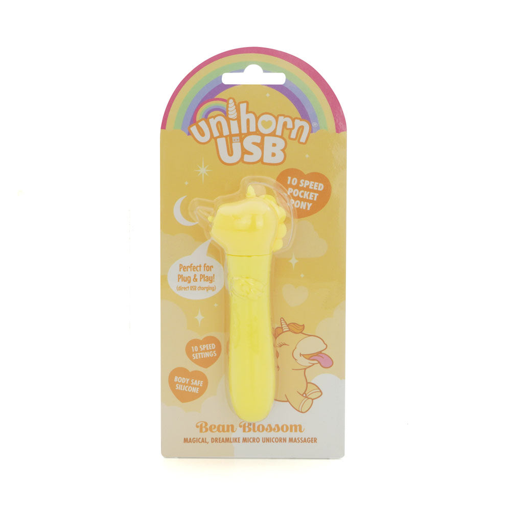 Unihorn - USB Bullet - Bean Blossom -  USB Rechargeable Vibrating Bullet in yellow packaging with 10 speed settings.