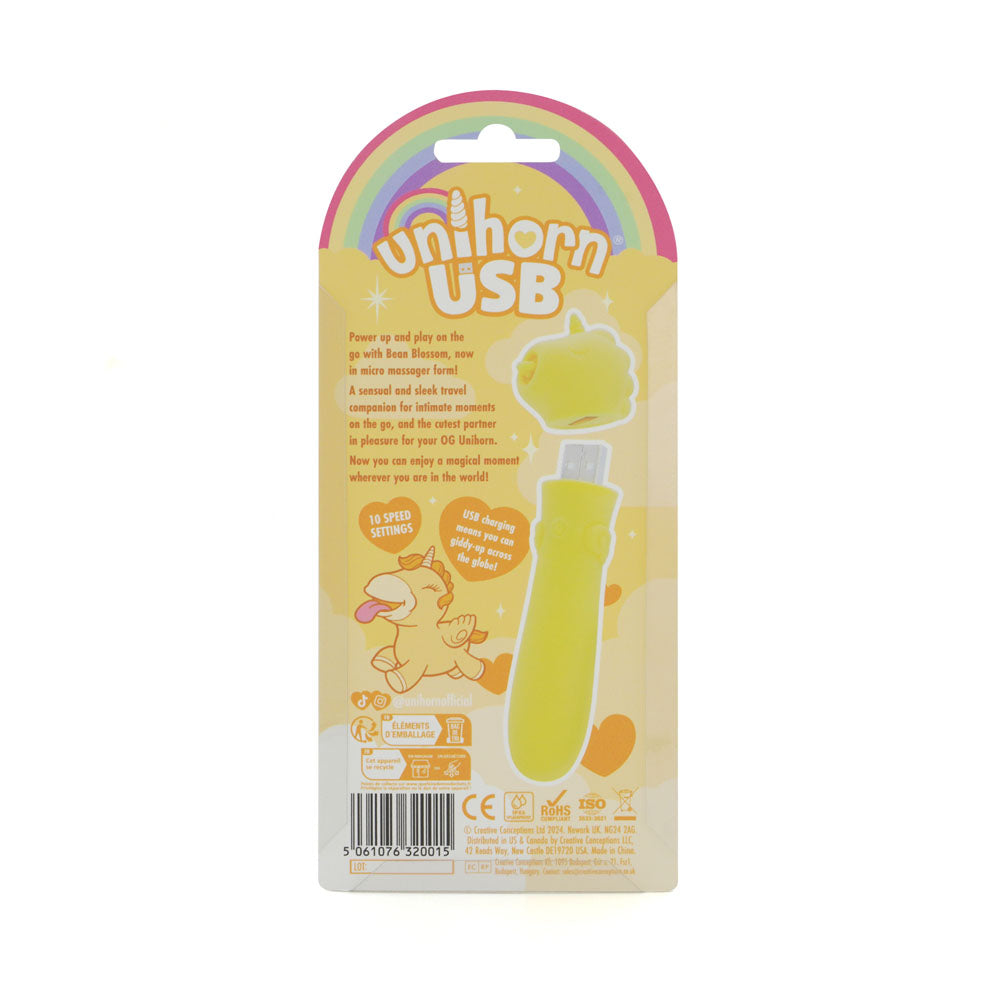 Unihorn - USB Bullet - Bean Blossom -  USB Rechargeable Vibrating Bullet packaging with playful design and features.
