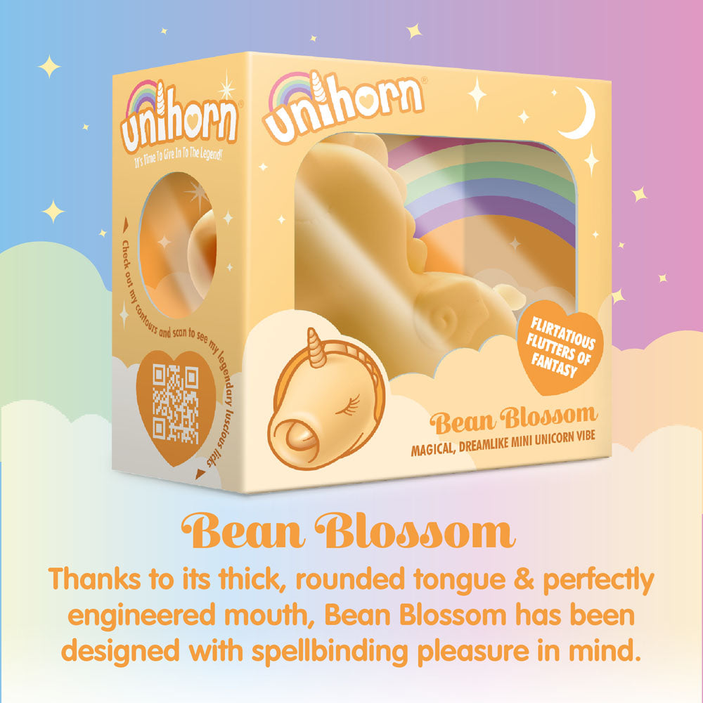 Unihorn - Bean Blossom -  USB Rechargeable Flicking Stimulator packaging showcasing its thick, rounded tongue and engineered mouth.