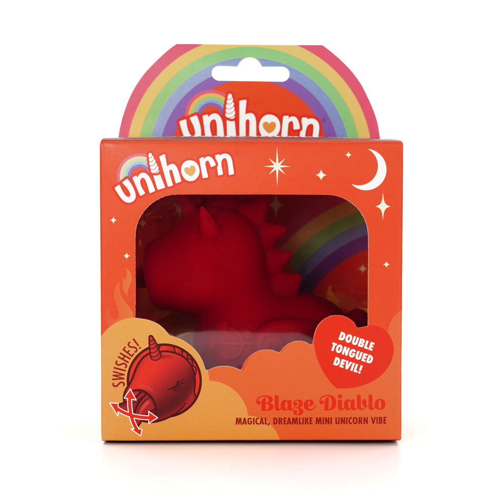 Unihorn - Blaze Diablo -  USB Rechargeable Forked Tongue Flicking Stimulator in colorful packaging.