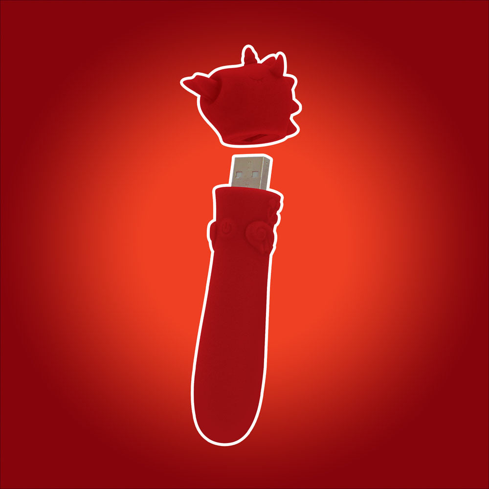 Unihorn - USB Bullet - Blaze Diablo - USB Rechargeable Vibrating Bullet with red silicone cover on a red background.