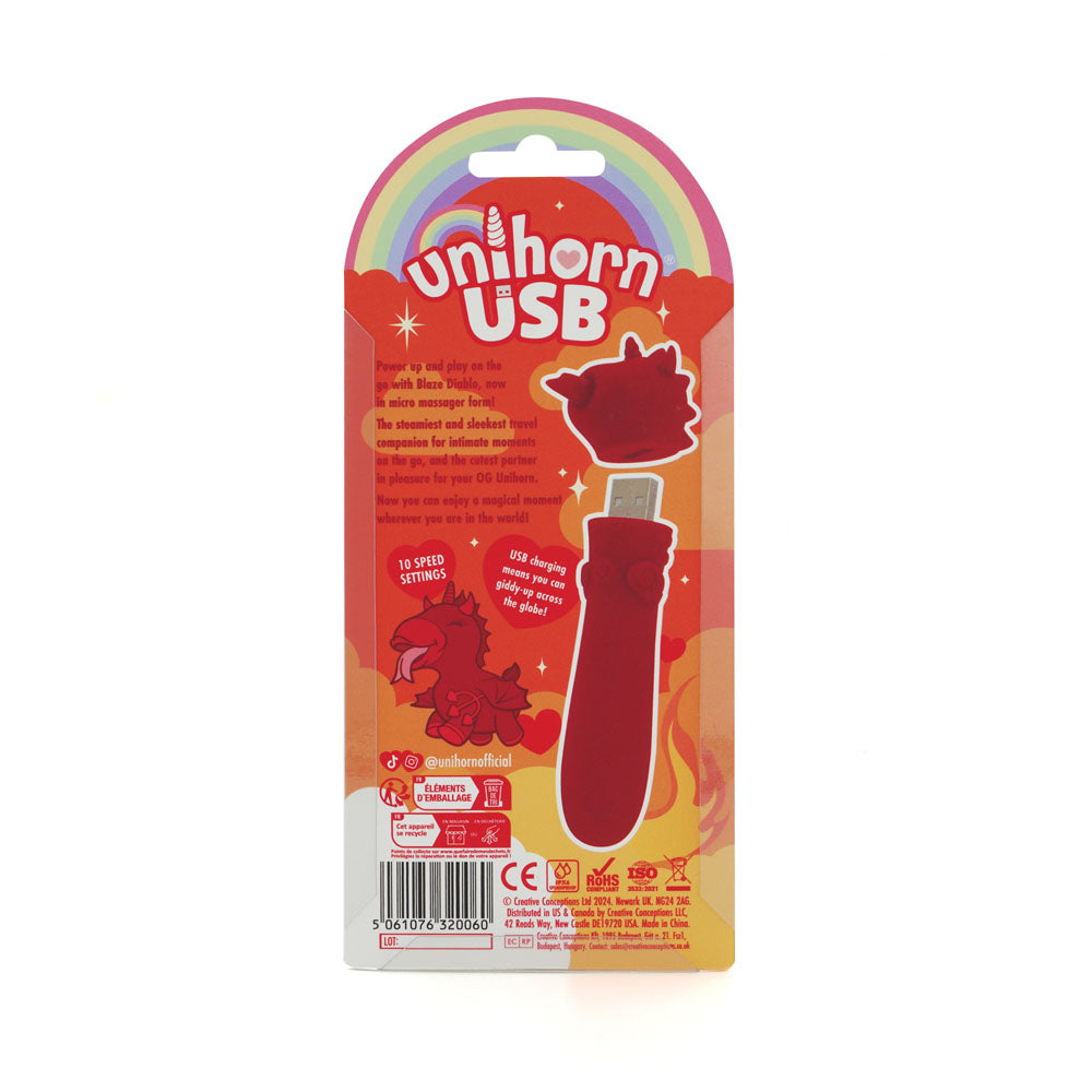Unihorn - USB Bullet - Blaze Diablo - USB Rechargeable Vibrating Bullet packaging with playful design and features