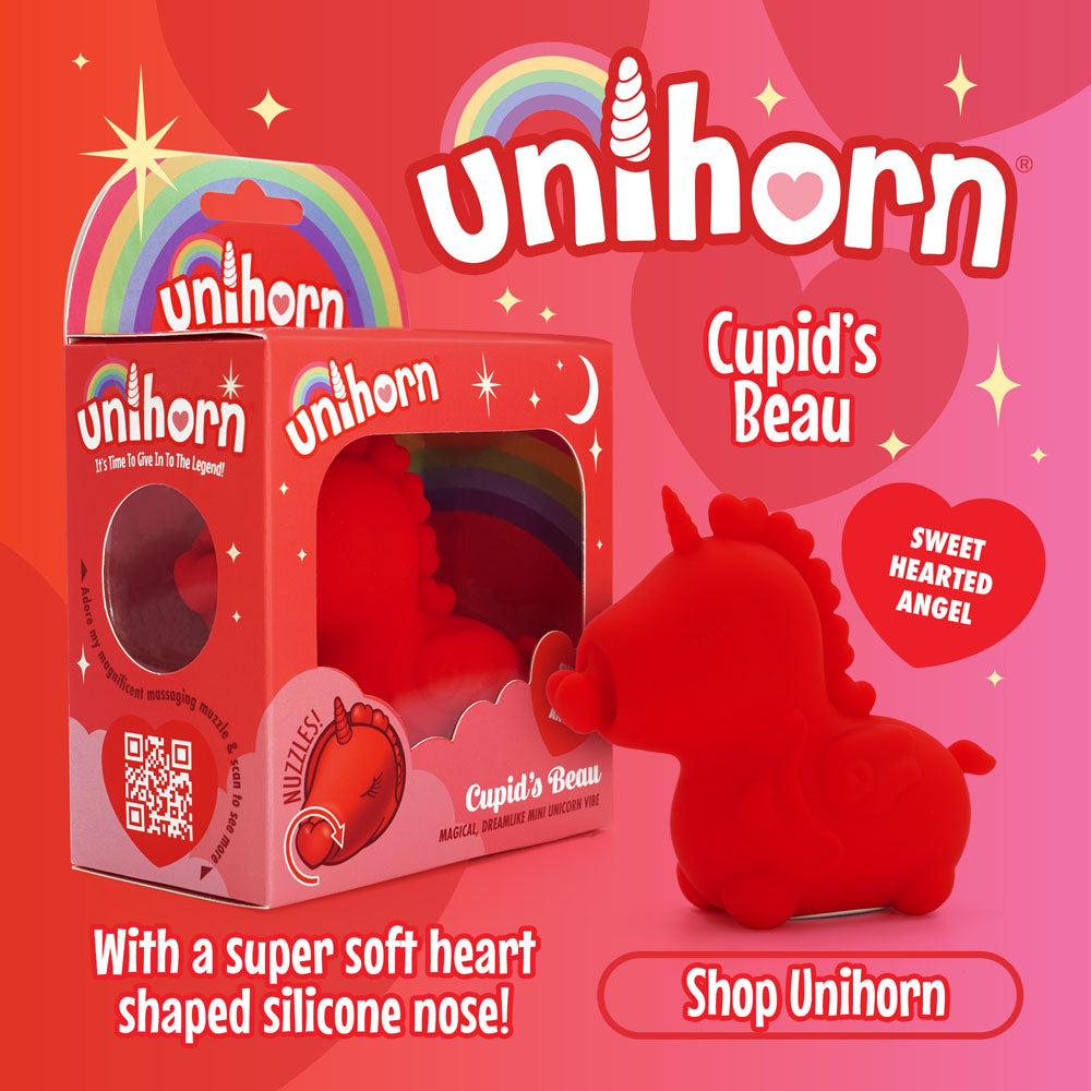 Unihorn - Cupid's Beau - USB Rechargeable Heart Nosed Stimulator in packaging, featuring a heart-shaped silicone nose.