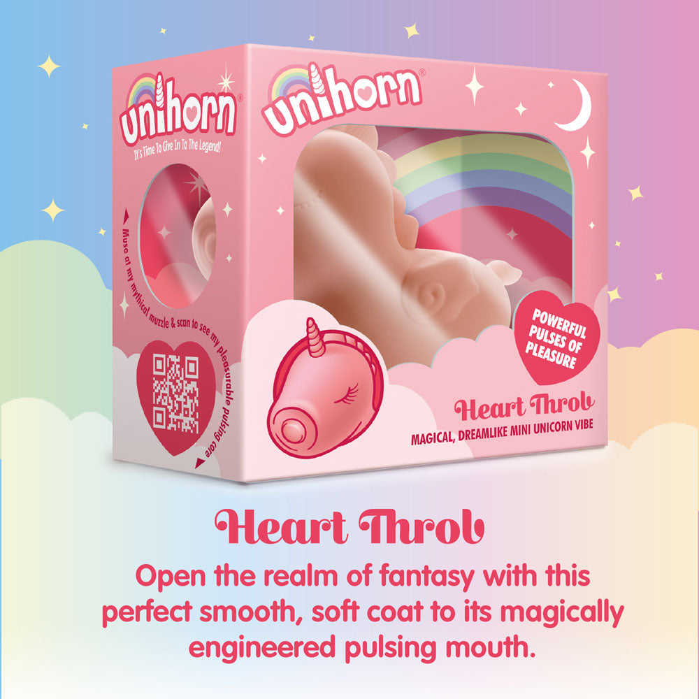 Unihorn - Heart Throb - Coral USB Rechargeable Flicking Stimulator packaging with rainbow, showcasing its magical features.