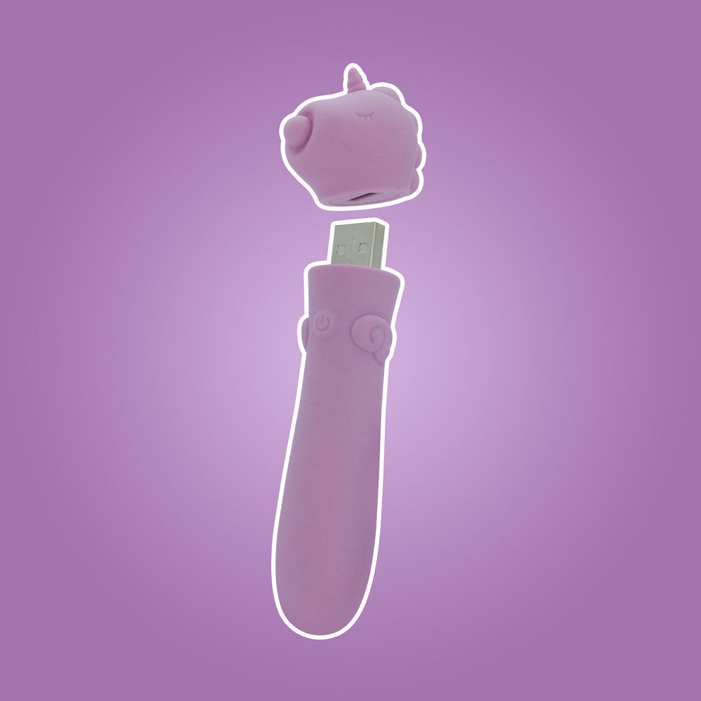 Unihorn - USB Bullet - Karma Lilac - Lilac USB Rechargeable Vibrating Bullet on a purple background.