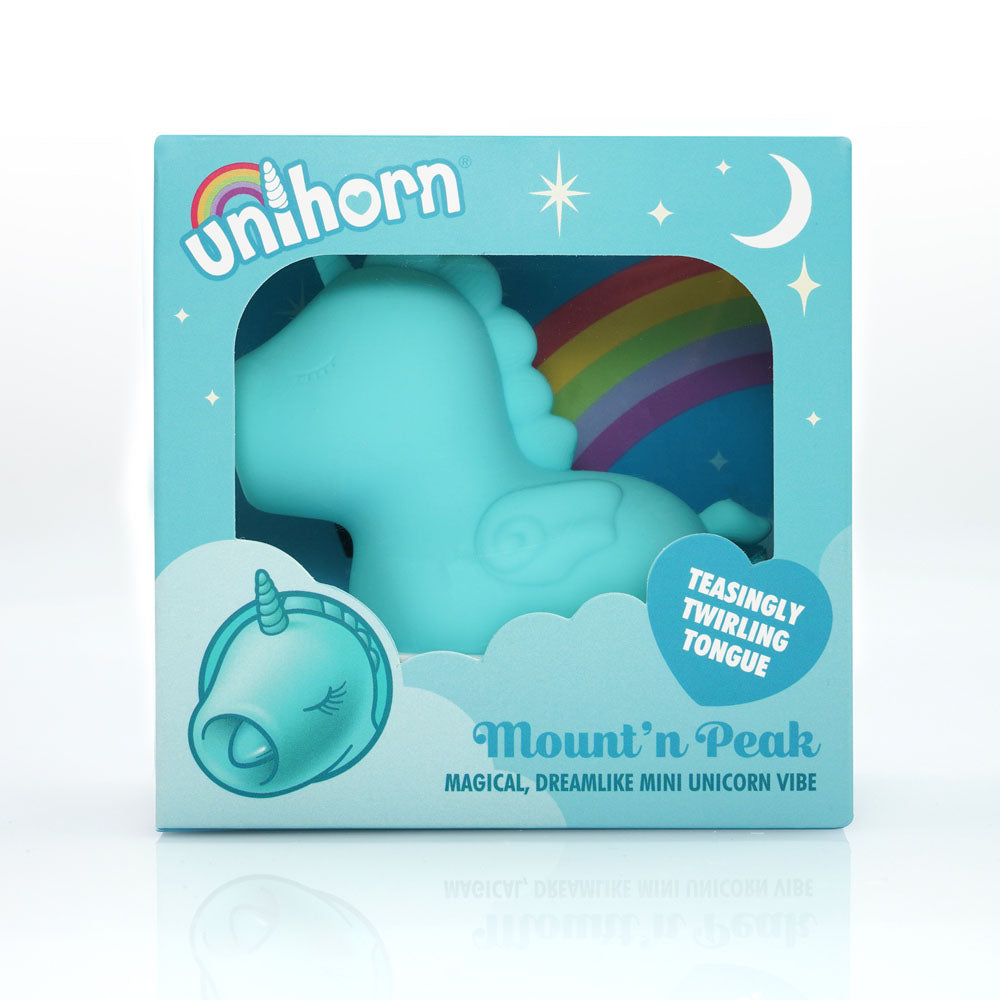 Unihorn - Mount'n Peak - Teal USB Rechargeable Flicking Stimulator in a colorful box packaging with a teasingly twirling tongue.