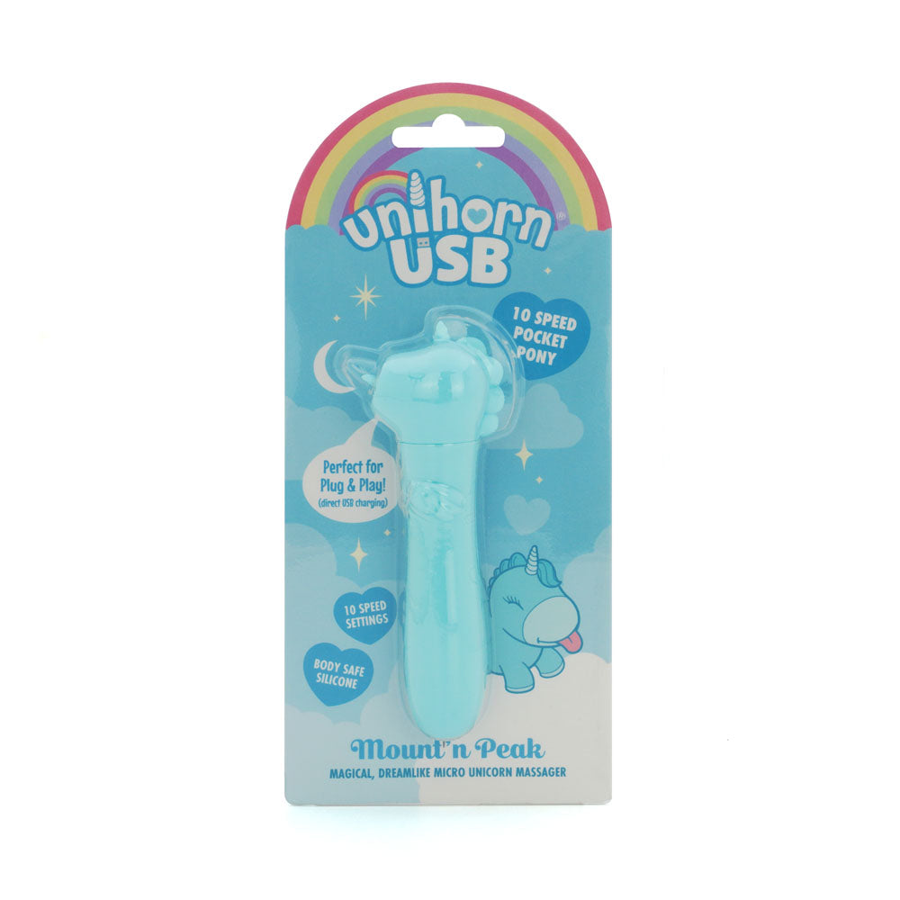 Unihorn - USB Bullet - Mount'n Peak - Teal USB Rechargeable Vibrating Bullet packaging with charming design.
