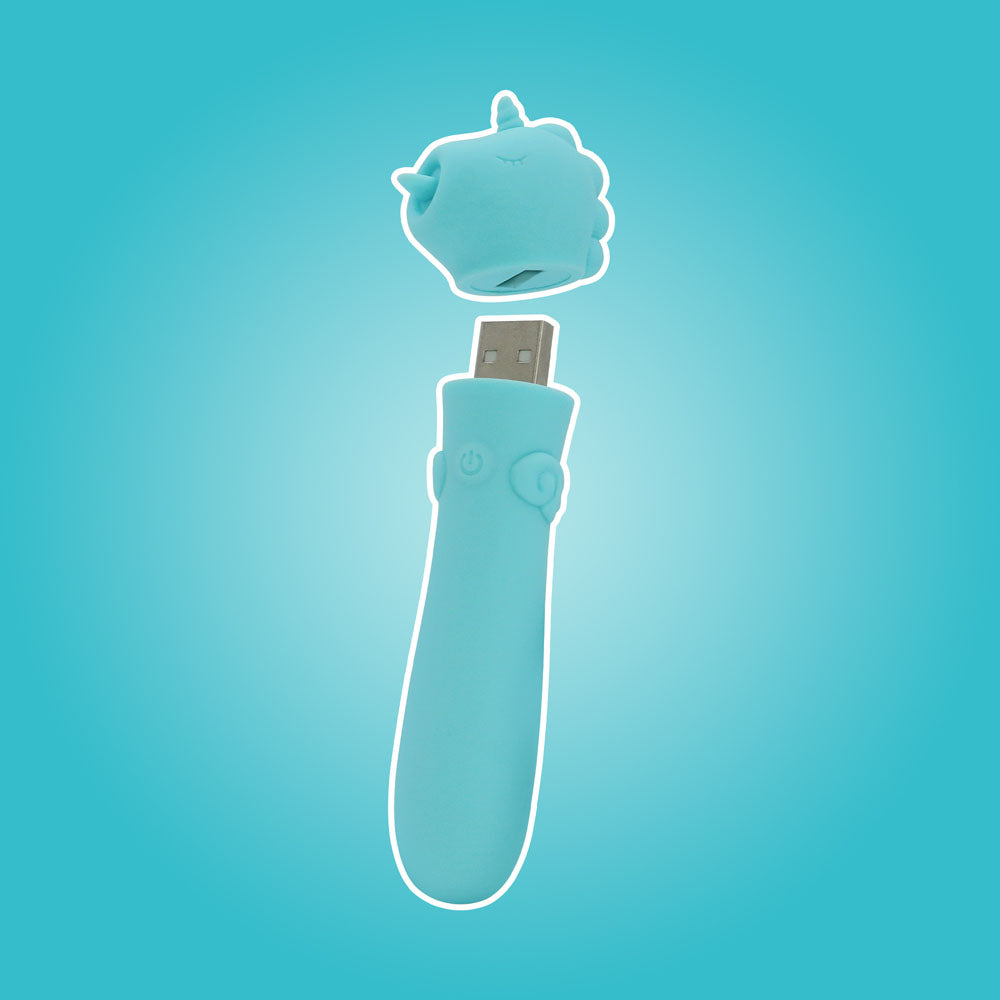 Unihorn - USB Bullet - Mount'n Peak - Teal USB Rechargeable Vibrating Bullet on a blue background.