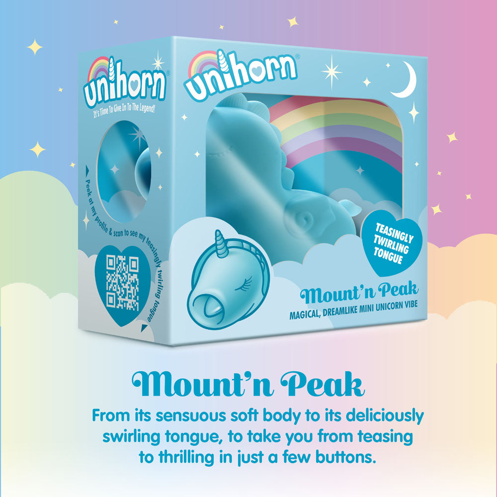 Unihorn - Mount'n Peak - Teal USB Rechargeable Flicking Stimulator packaging showcasing its swirling tongue and design.