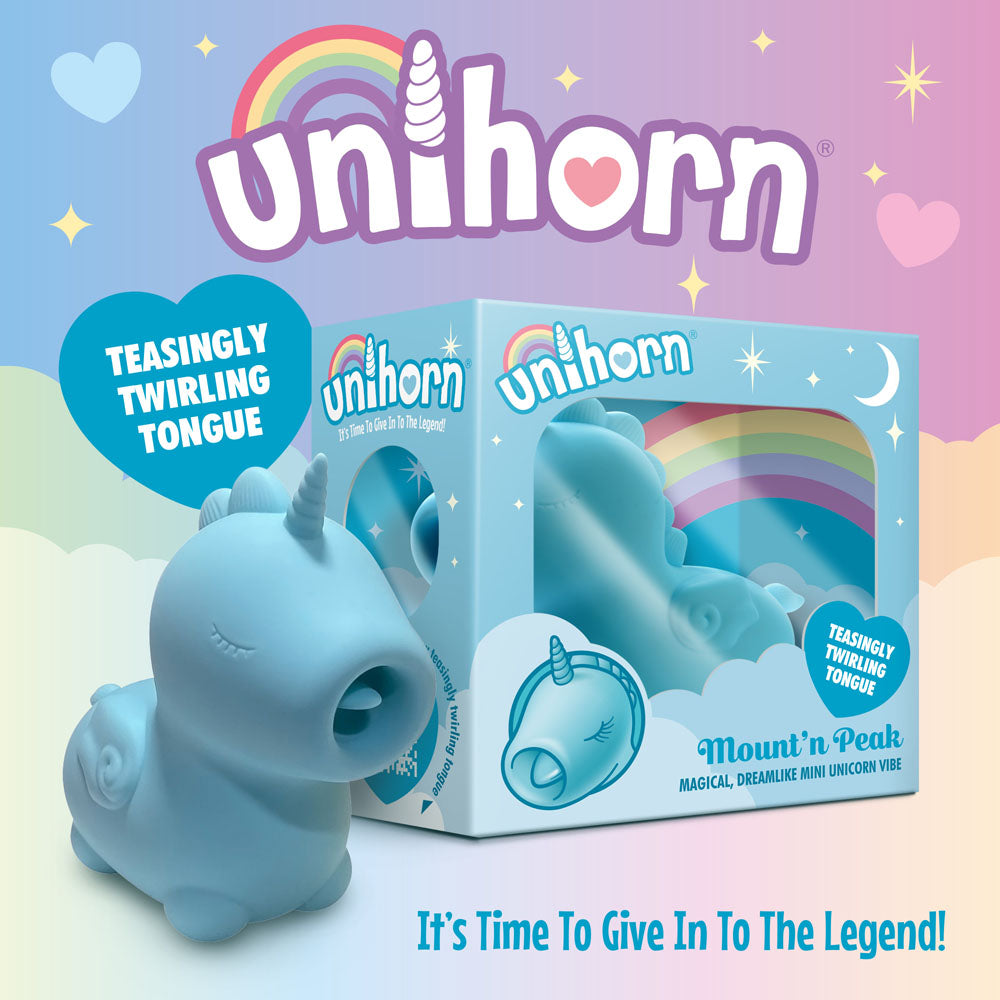 Unihorn - Mount'n Peak - Teal USB Rechargeable Flicking Stimulator with teasingly twirling tongue and cute unicorn design.