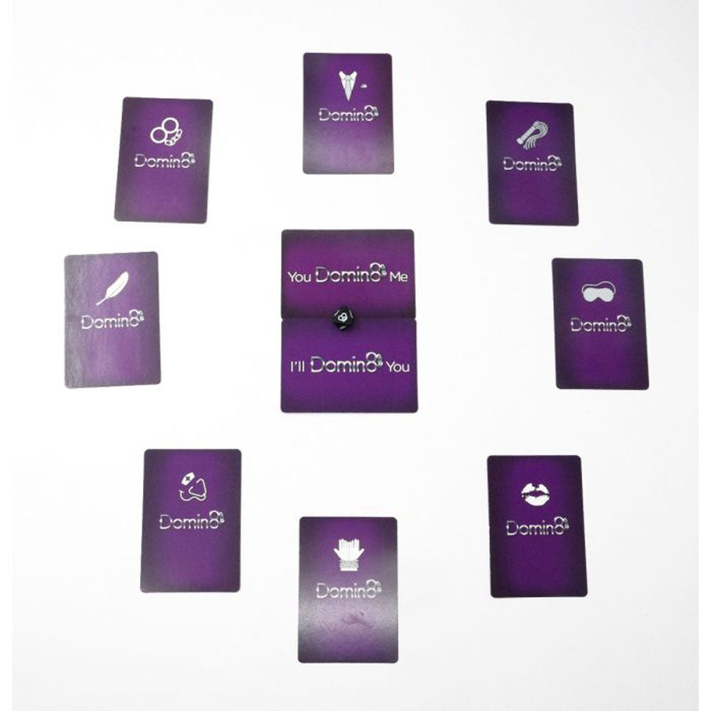Domin8 Quickie - Couples Card Game featuring scenario cards and an 8-sided die for intimate couple play.