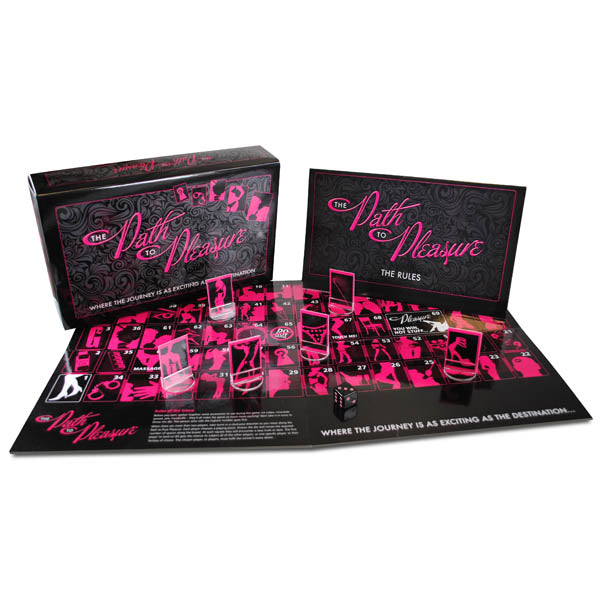 The Path To Pleasure - Couples Game featuring game board, rules, and accessories for intimate exploration.