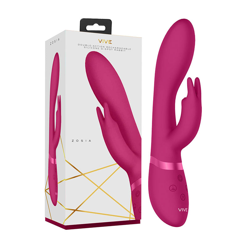 Vive Zosia - 21.3 cm USB Rechargeable Rabbit Vibrator in packaging, featuring vibrant pink color and dual motors for pleasure.