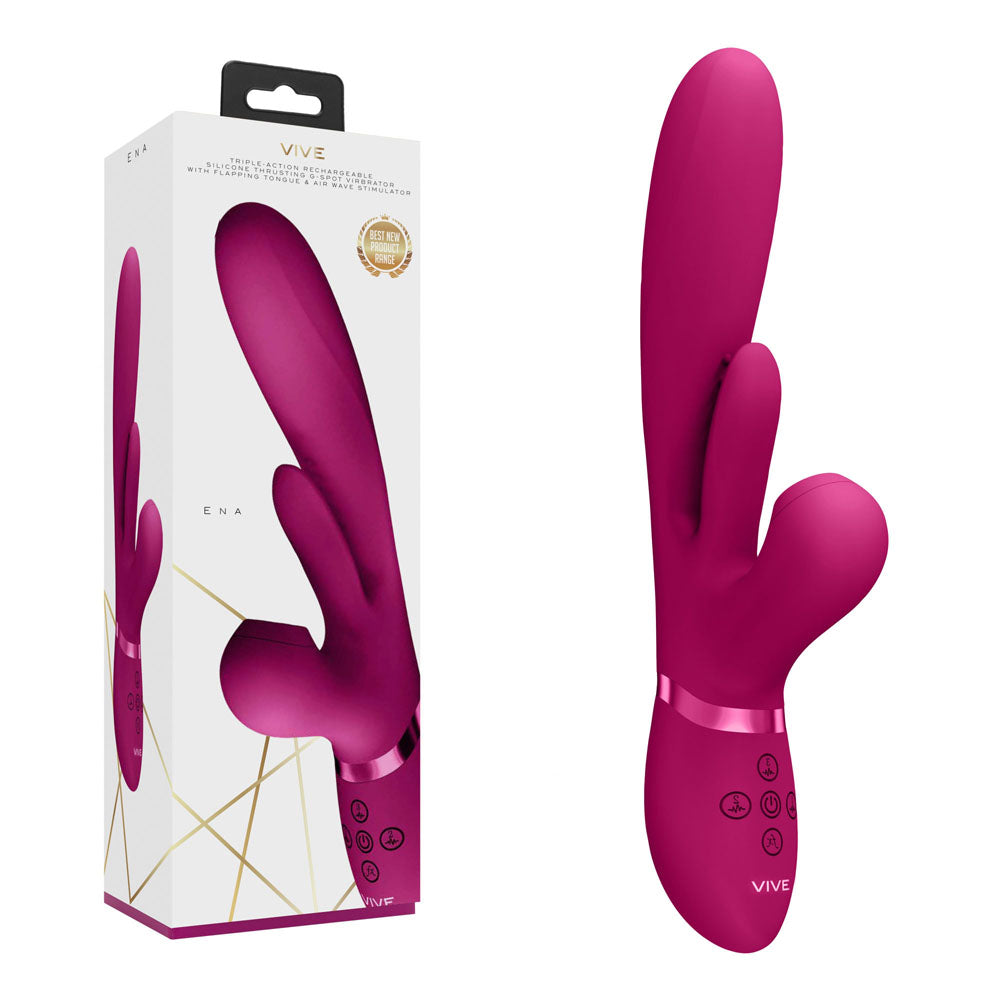 VIVE Ena -  -  25 cm USB Rechargeable Thrusting Vibrator with Air Wave Stimulator, pink color with packaging.