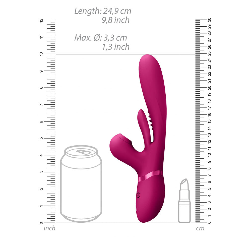 VIVE Ena -  -  25 cm USB Rechargeable Thrusting Vibrator with Air Wave Stimulator dimensions next to a can and bottle.