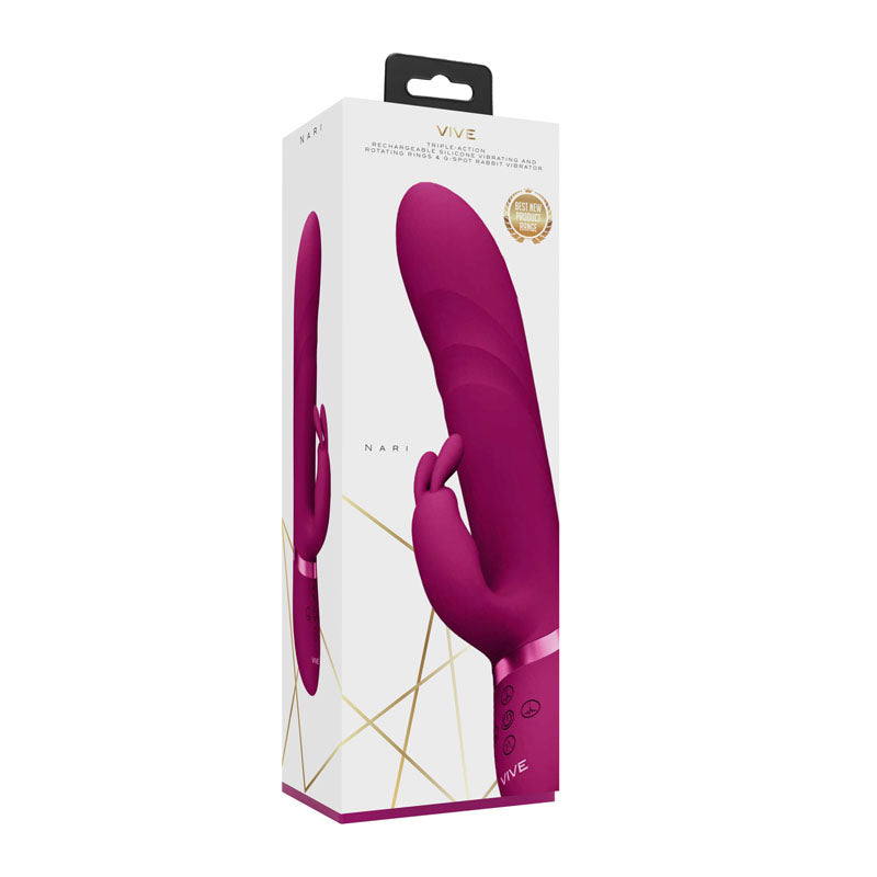 VIVE Nari -  -  24.1 cm USB Rechargeable Rabbit Vibrator in pink packaging, showcasing its innovative design and features.