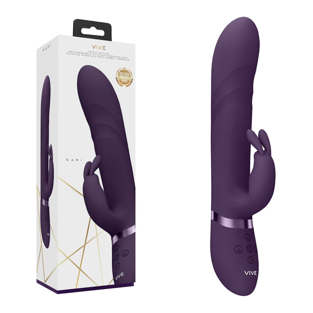 VIVE Nari -  -  24.1 cm USB Rechargeable Rabbit Vibrator displayed in packaging with unique design for intimate essentials.