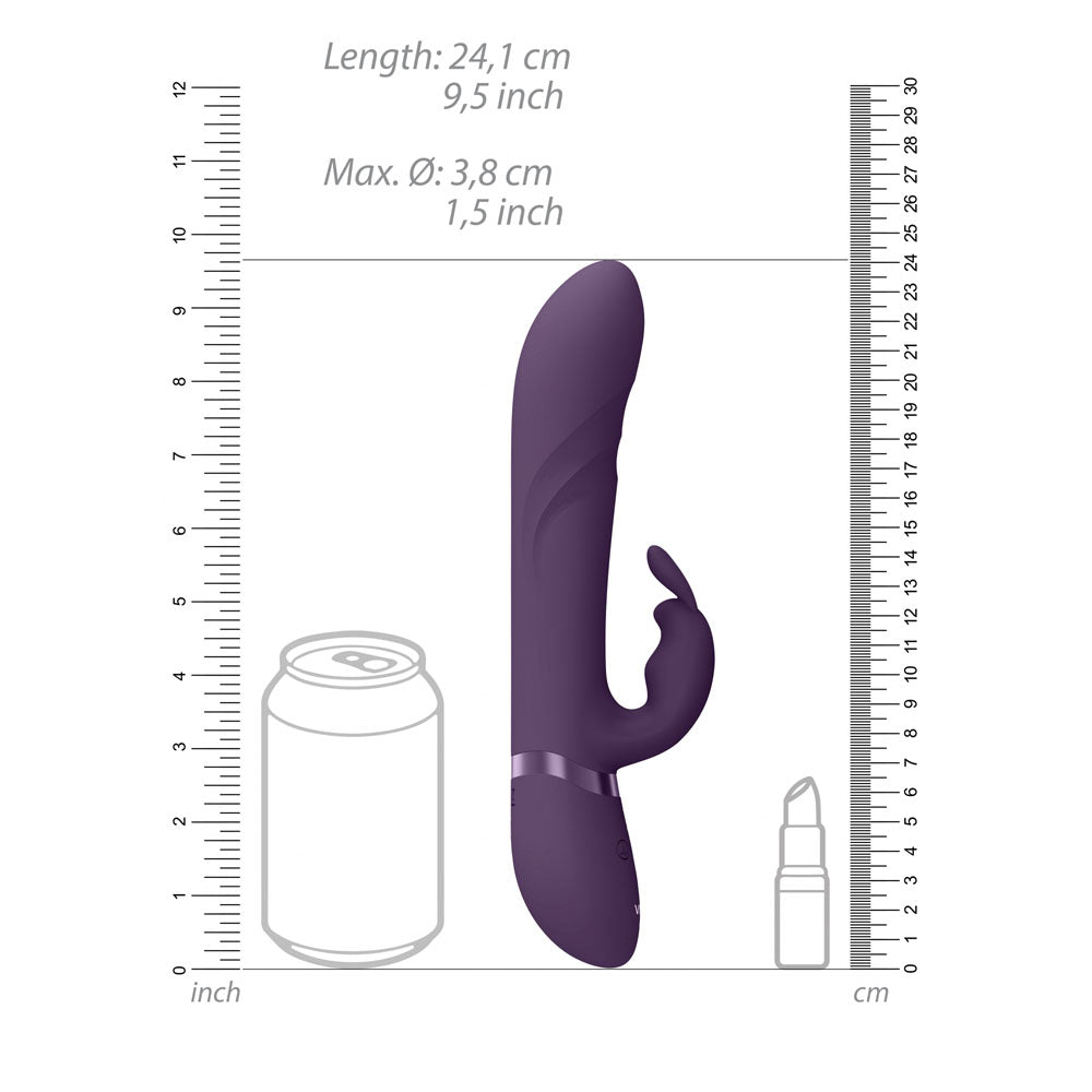 VIVE Nari -  -  24.1 cm USB Rechargeable Rabbit Vibrator dimensions alongside a can and spray bottle for scale.
