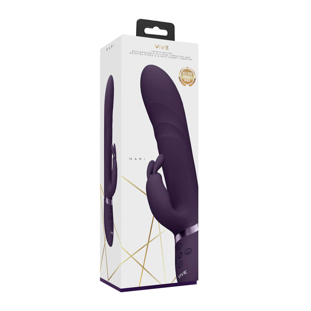 VIVE Nari -  -  24.1 cm USB Rechargeable Rabbit Vibrator packaging with innovative design for intimate essentials.