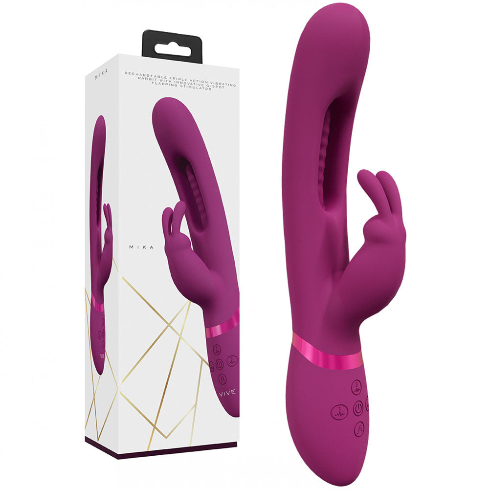 VIVE Mika -  -  23.2 cm USB Rechargeable Rabbit Vibrator with Flapping Shaft in purple packaging.