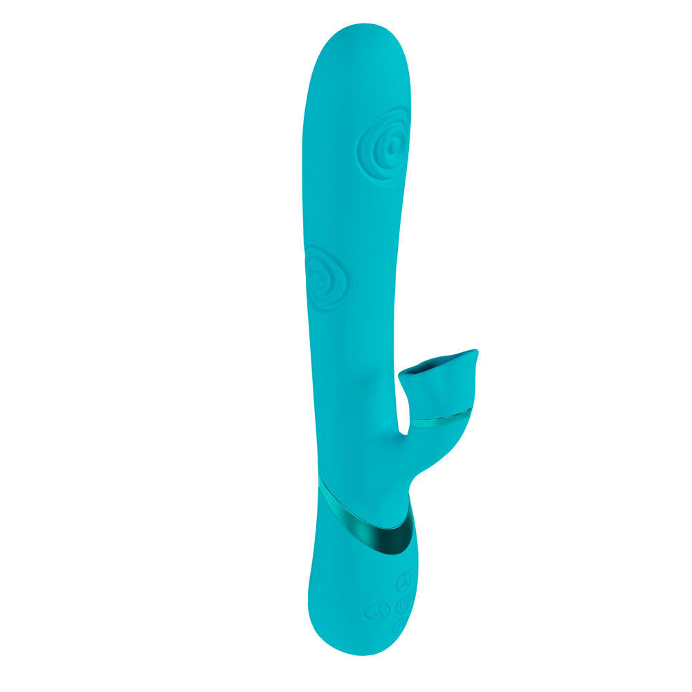 VIVE Fiore - 25 cm USB Rechargeable Tapping Rabbit Vibrator in turquoise with G-spot and clitoral stimulation features.