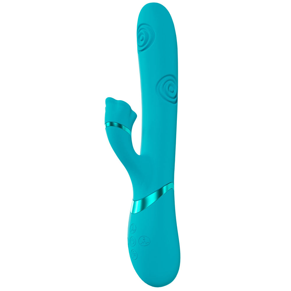 VIVE Fiore - 25 cm USB Rechargeable Tapping Rabbit Vibrator in vibrant turquoise with dual motors for enhanced pleasure.