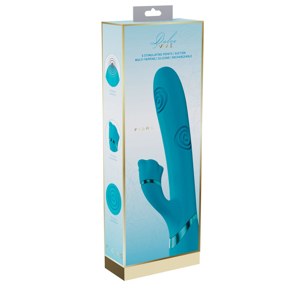 VIVE Fiore -  25 cm USB Rechargeable Tapping Rabbit Vibrator packaging showcasing its features and design.