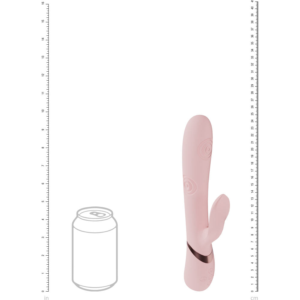 VIVE Fronda -  -  25 cm USB Rechargeable Tapping Rabbit Vibrator next to a soda can for size comparison.