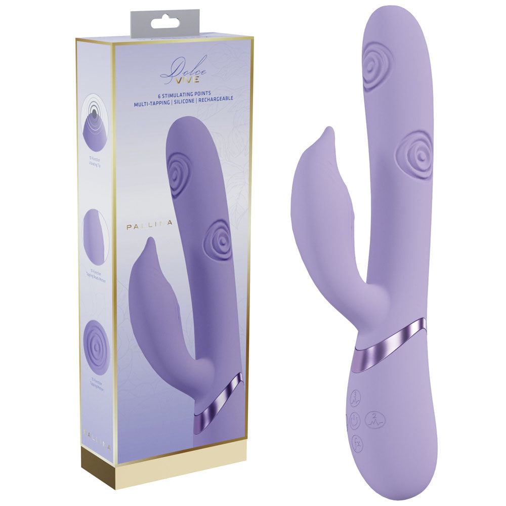 VIVE Pallina -  -  25 cm USB Rechargeable Tapping Rabbit Vibrator in purple packaging and silicone design.