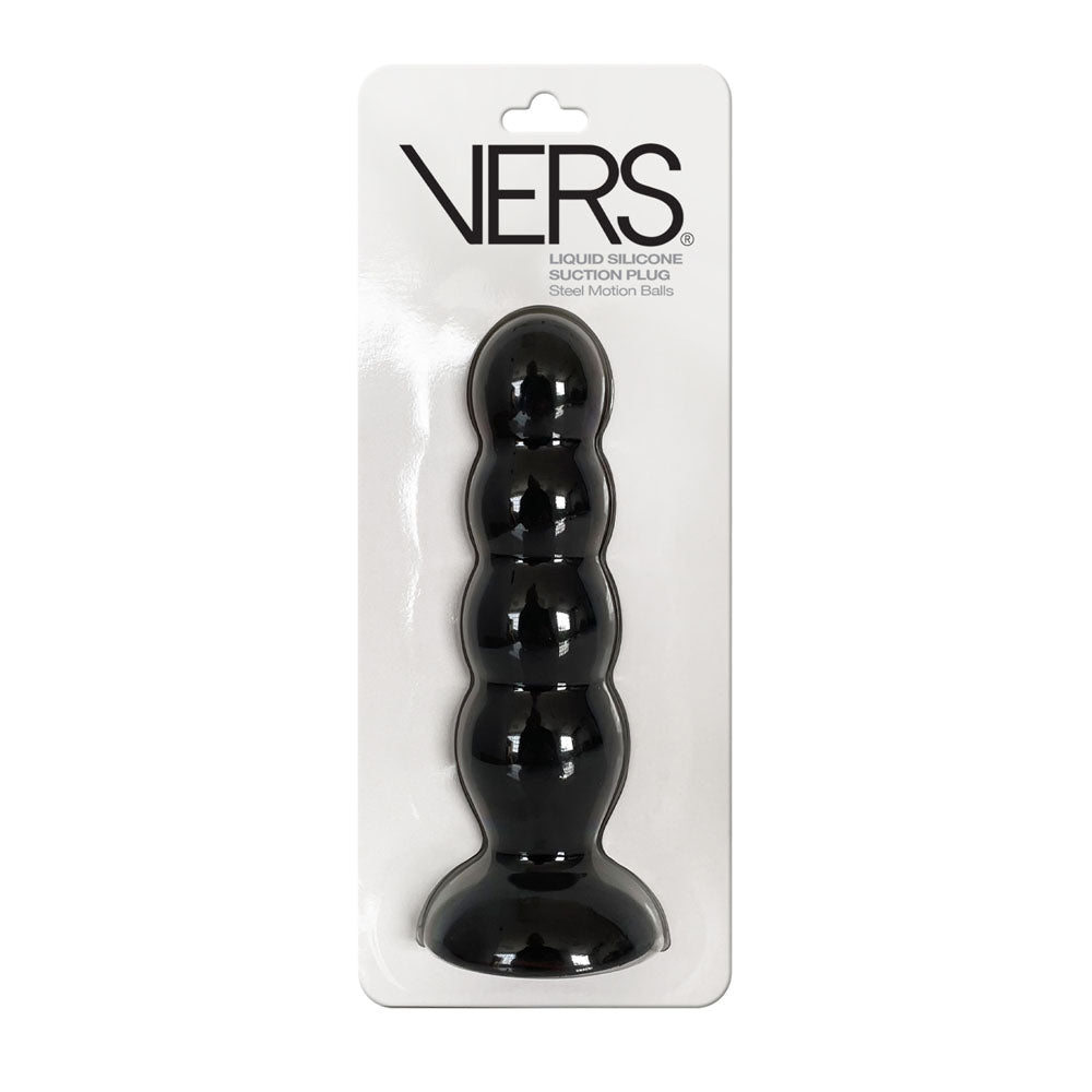 VERS Liquid Silicone Suction Plug -  16.5 cm Butt Plug with Internal Steel Balls packaging showcase