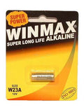 Winmax W23A alkaline battery packaging showcasing its super long life and performance features.