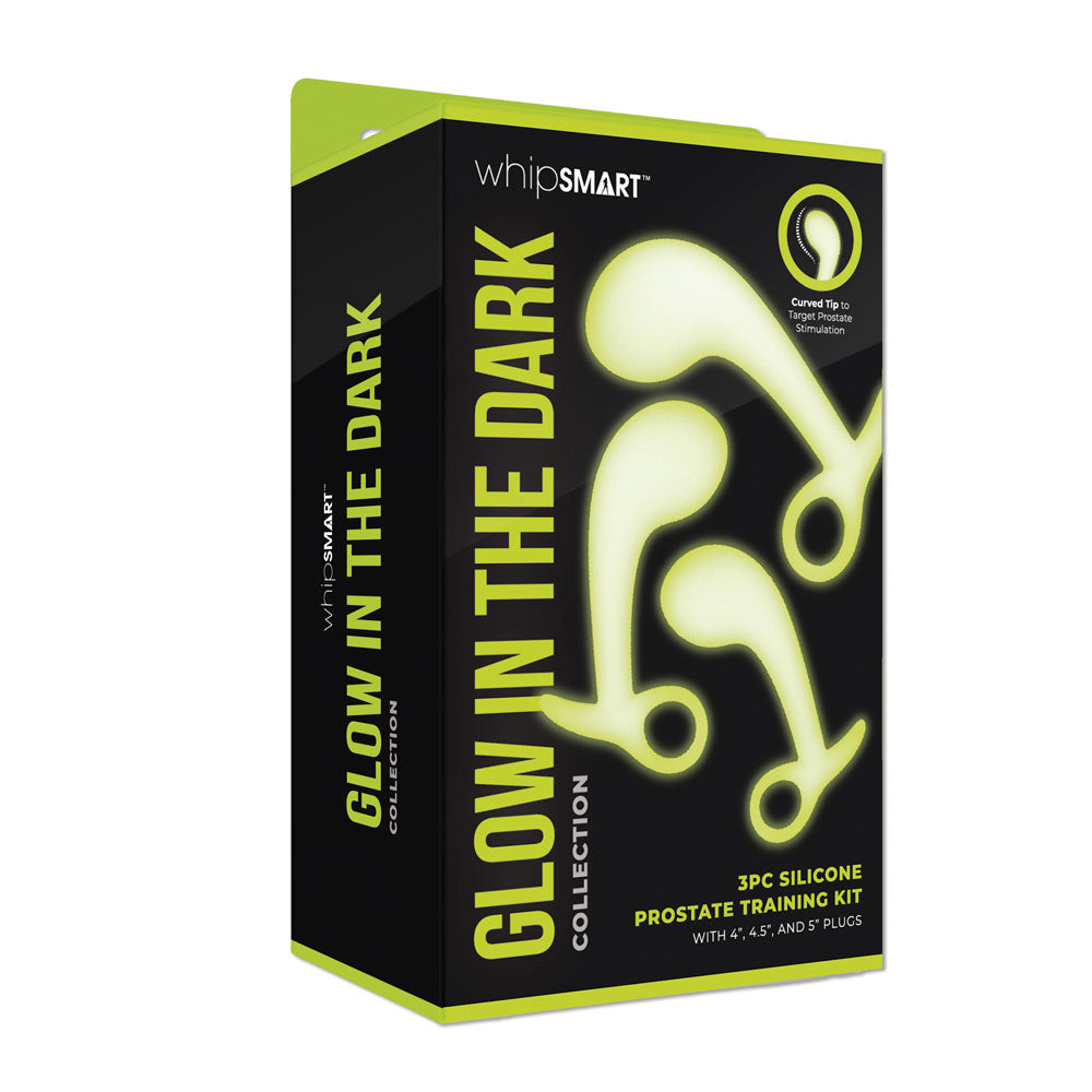 WhipSmart Glow In The Dark 3pc Prostate Training Kit - Glow In Dark Prostate Massagers - Set of 3 Sizes packaging.