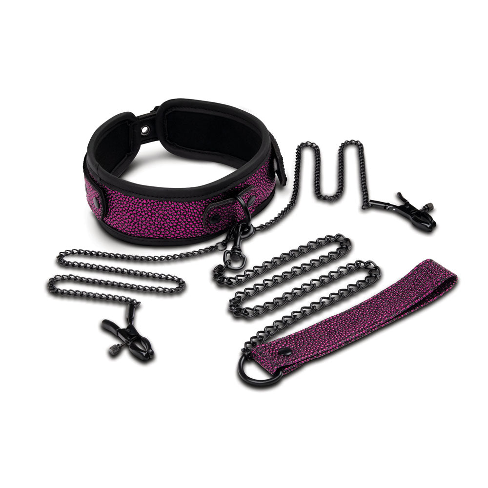 WhipSmart Dragons Lair Collar, Leash & Nipple Clips Set - /Black Restraints with dragon-inspired texture and chains.