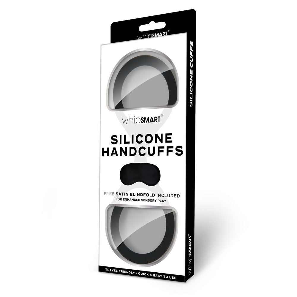 WhipSmart Silicone Handcuffs -  -  Restraint with Bonus Blindfold packaging image, featuring sleek design and satin blindfold.