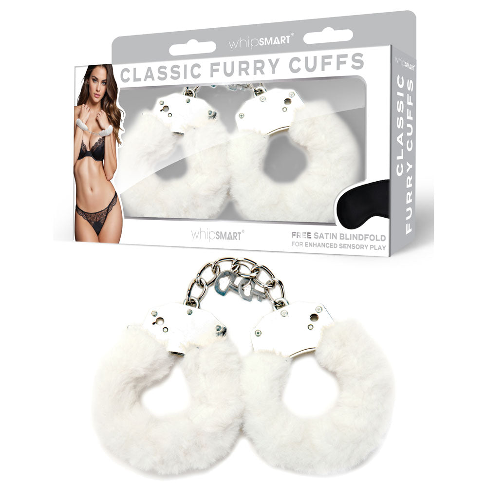 WhipSmart Classic Furry Cuffs - furry wrist cuffs with eye mask for sensory play and comfort.