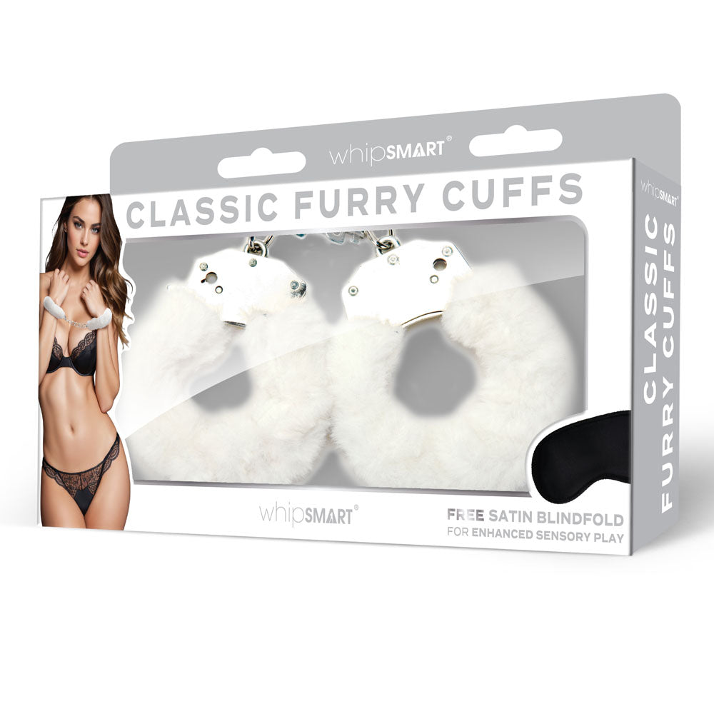 WhipSmart Classic Furry Cuffs package with furry wrist cuffs with eye mask for enhanced sensory play.